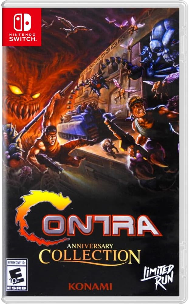 Game box for 'Contra Anniversary Collection' on Nintendo Switch with action-packed artwork and Konami branding.