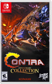 Game box for 'Contra Anniversary Collection' on Nintendo Switch with action-packed artwork and Konami branding.