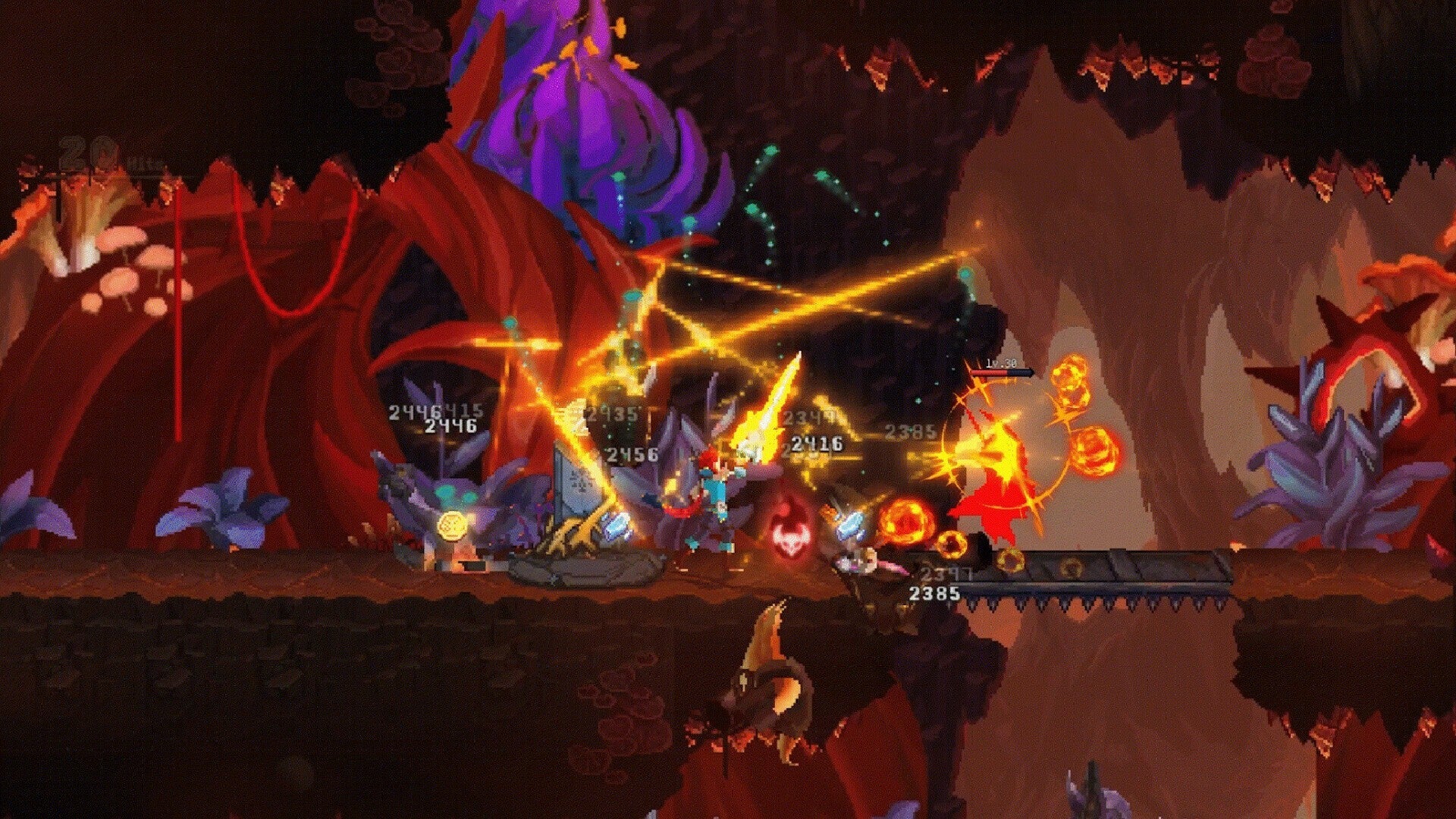 Action-packed scene from a video game with characters in a dark, fantasy setting.