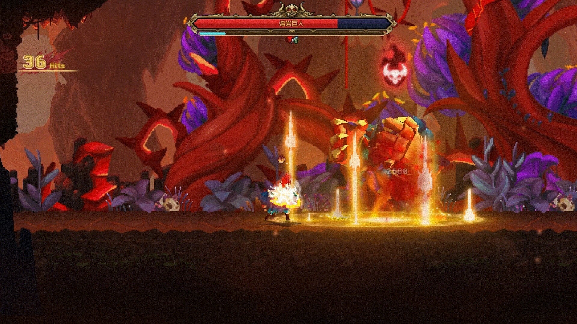Video game scene with a character facing a large dragon-like creature in a dark, fantasy setting.