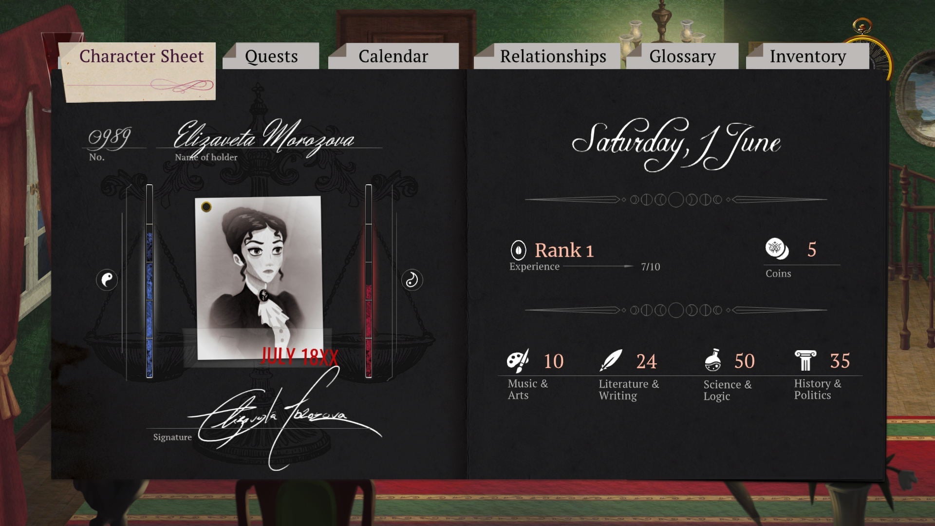 Character sheet with a character portrait and details on a screen with a decorative background.