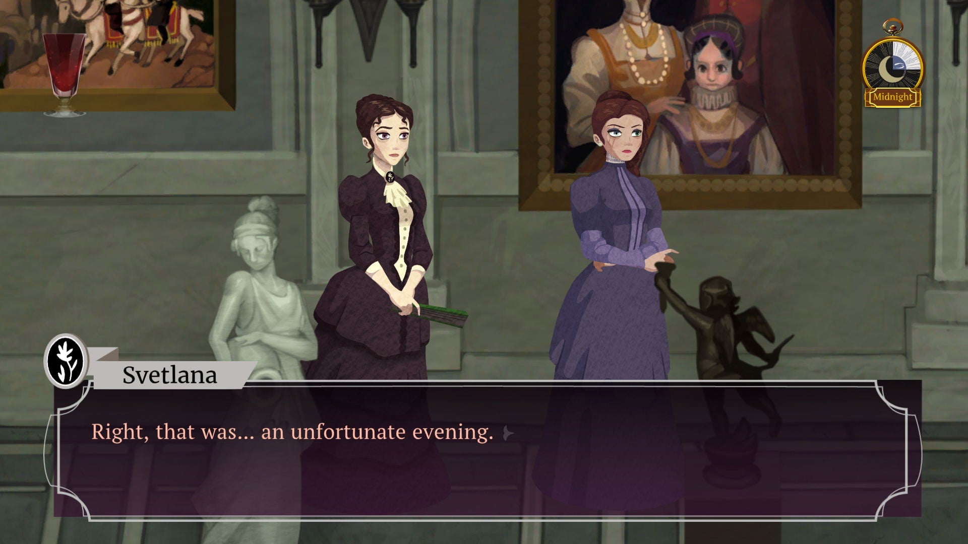 Dialogue scene from a video game with two characters in an elegant room.