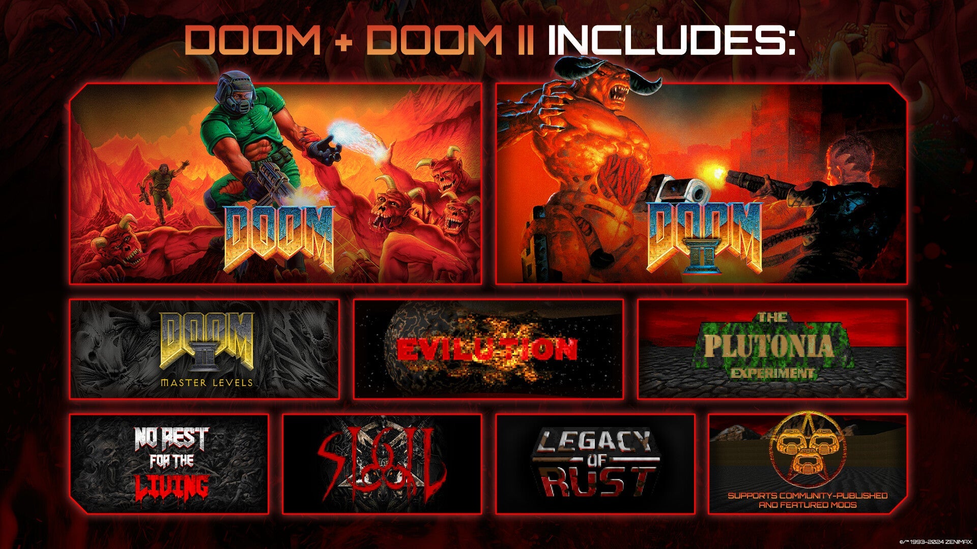 List of Doom game titles included in a bundle on a dark background