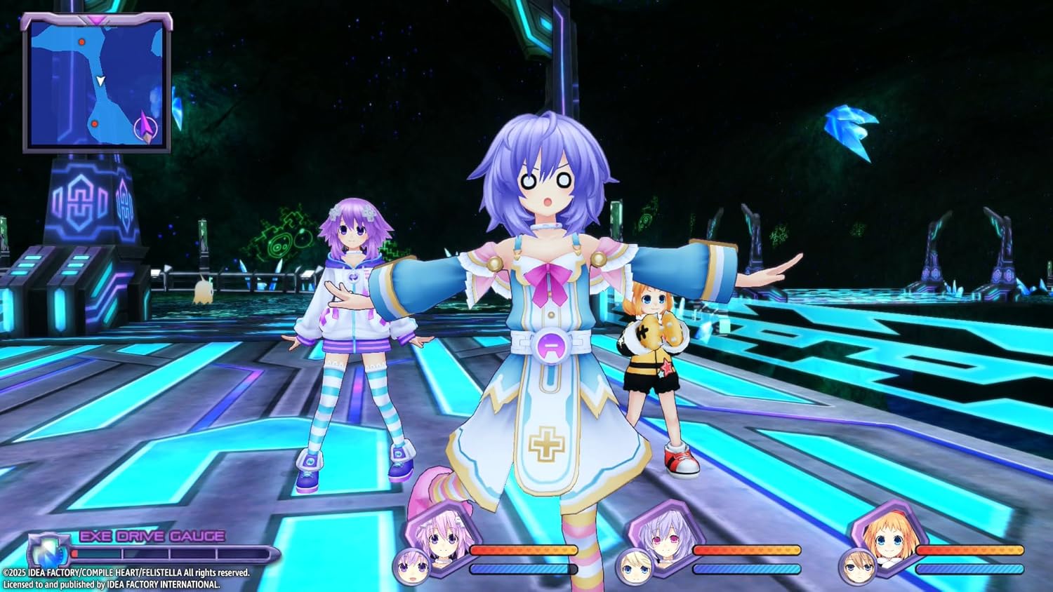 Two animated characters in a futuristic setting with neon lights and digital elements.