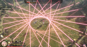 Game screen showing a character surrounded by pink energy beams on a grassy field.