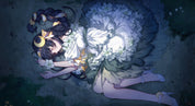 Two animated characters lying on the ground with flowers and candles around them, set against a dark background.