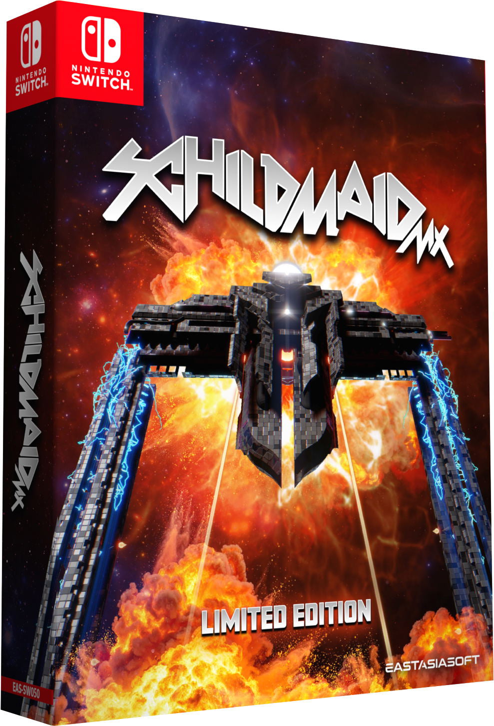 Limited edition 'Schildmaid' game box for Nintendo Switch with fiery design and spaceship illustration.