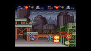 Screenshot of a retro video game with a cityscape background