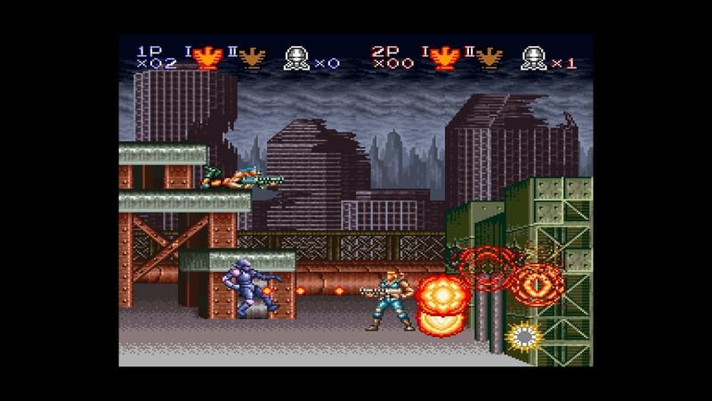 Screenshot of a retro video game with a cityscape background