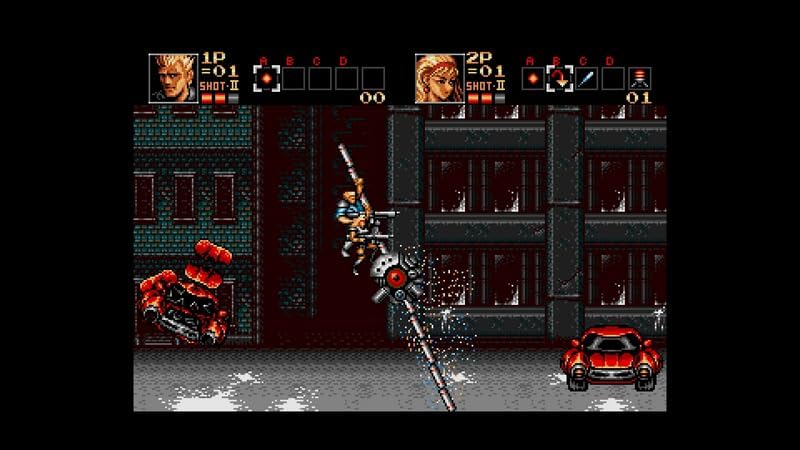 Pixelated video game scene with characters and health bars on a dark background