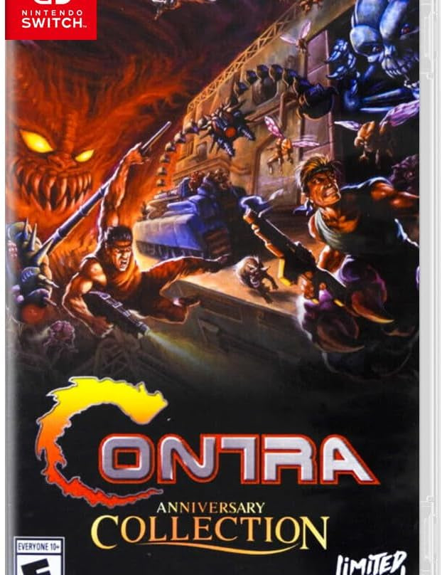 Game box for 'Contra Anniversary Collection' on Nintendo Switch with action-packed artwork and Konami branding.