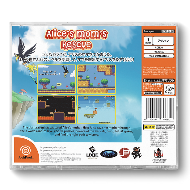 Back cover of the game case for Alice's Mom's Rescue, showing colorful illustrated artwork, Japanese text, a barcode, and publisher and platform logos on a white background.