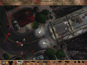 Top-down screenshot from a retro video game showing an overhead scene with a red-roofed building, bridge, vehicles, and several small human figures on a dark road. The image includes UI elements at the top and bottom, such as population, hosts, killed count, and weapon icons.
