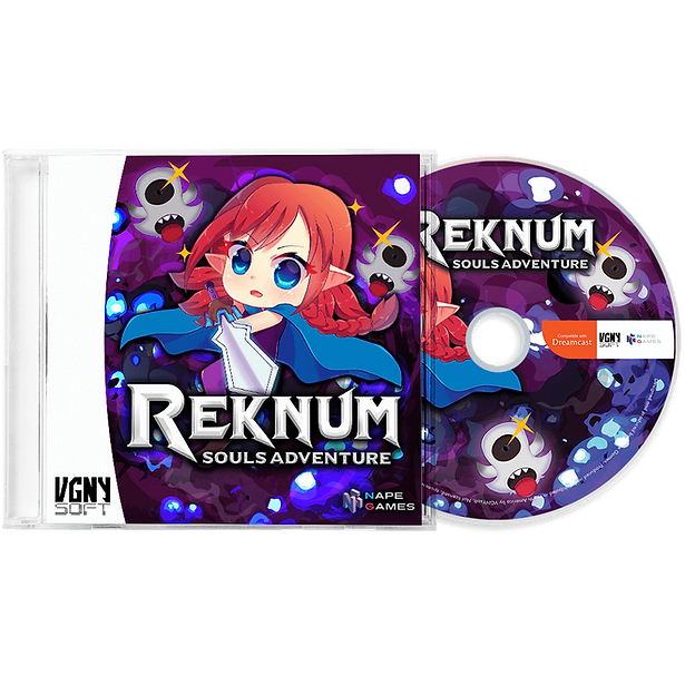 Reknum Souls Adventure video game disc and jewel case set, featuring a stylized anime character with red hair and blue eyes on a purple background with cartoon skulls.