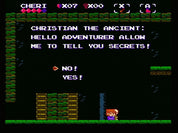 Pixel art screenshot from a retro video game, showing a black background with green platform blocks, purple text reading 'CHRISTIAN THE ANCIENT: HELLO ADVENTURER ALLOW ME TO TELL YOU SECRETS!', simple character sprites, and a small orange-haired figure near a blue vertical element at the bottom right.