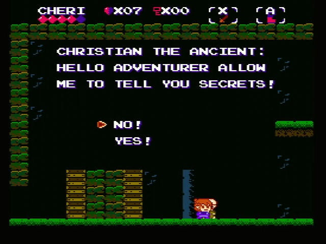 Pixel art screenshot from a retro video game, showing a black background with green platform blocks, purple text reading 'CHRISTIAN THE ANCIENT: HELLO ADVENTURER ALLOW ME TO TELL YOU SECRETS!', simple character sprites, and a small orange-haired figure near a blue vertical element at the bottom right.