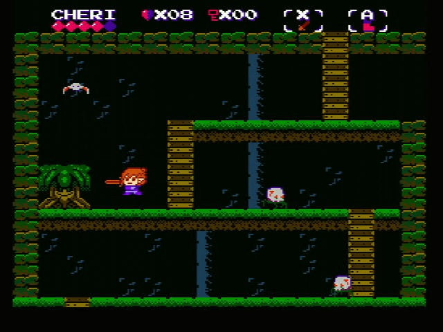 Pixel art screenshot from a retro 16-bit video game, showing a character in a green and brown platform environment against a black background.