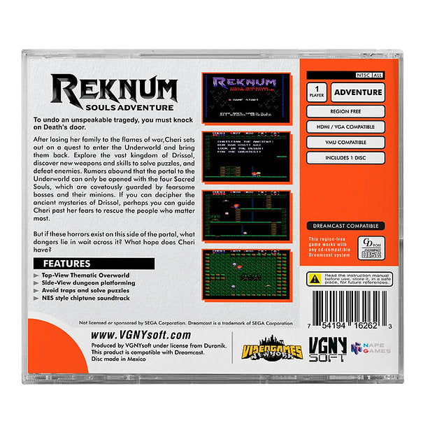 Back cover of the Dragon's Lair Reknim Souls Adventure video game case, showing game description, features, ratings, and a barcode on a white background.
