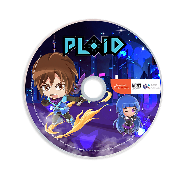 A circular game disc or CD-style product cover for PLiD, featuring chibi-style characters on a dark blue futuristic city background. Visible text and logos include PLiD, Dreamcast, Ugly Games, and Nape Games.