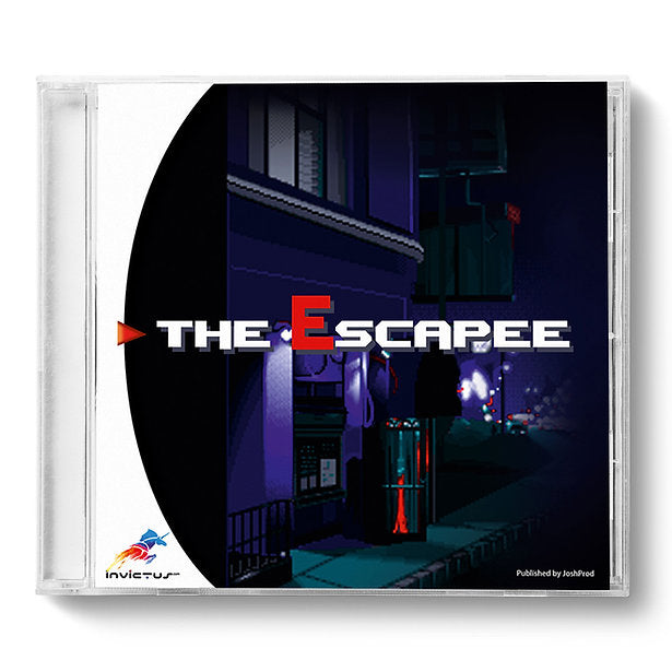 A CD jewel case containing the video game 'The Escapee' published by Invicta, featuring a dark, atmospheric cover art of a nighttime street scene with purple and blue tones.
