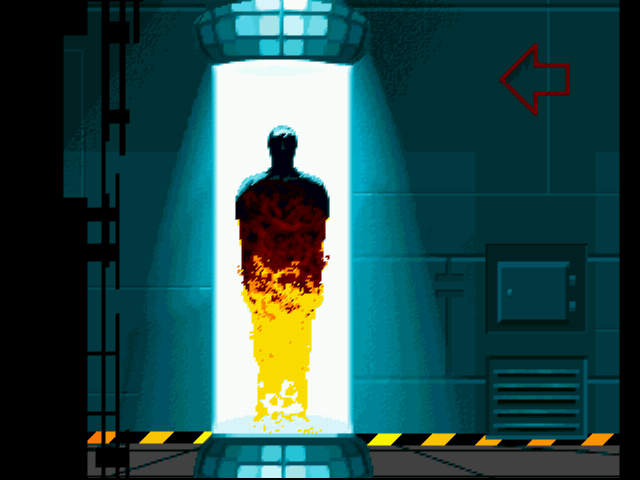 A stylized digital illustration of a person standing in a bright doorway or portal, with the figure fading from dark blue/black at the top into bright yellow at the bottom. The scene is set in a teal and blue industrial interior with a red arrow icon in the upper right.