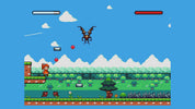 Pixel art game scene with a flying insect-like creature under a blue sky, clouds, mountains, trees, a small character on the left, and red health bars at the top.