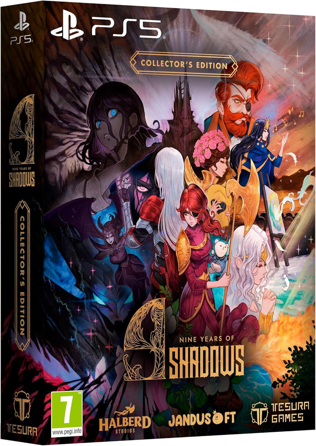 PS5 game collector's edition box featuring characters from 'Nine Years of Shadows'.