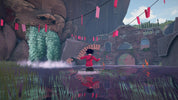 A stylized 3D-rendered scene showing a person in a red top and dark pants standing in shallow water, facing a stone structure with arches and pink hanging flags. The environment includes rocks, water, grass, and a partly visible sky.
