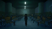 A dark, atmospheric scene showing a person standing in the center of a long, dimly lit hall with rows of seated figures on benches along both sides. The lighting is low and moody, casting a blue-green cast over the scene.