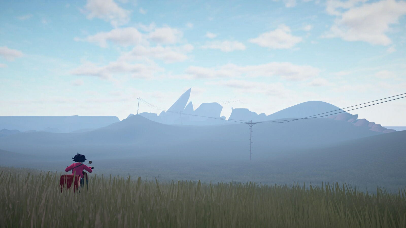 A wide outdoor landscape scene with a person in a red outfit standing in a grassy field, facing distant blue mountains and a pale sky with clouds. No clear sellable product is isolated; this reads as a scenic lifestyle or environmental image rather than a standard product shot.