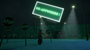 A stylized night scene with a small figure standing in a dark open area under streetlights, surrounded by many stop signs and a large glowing green billboard that reads “GO ANYWHERE!”.