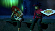 A 3D-rendered scene showing two stylized characters seated on a bench in a dark environment with green aurora-like light in the background. One character with red hair holds a long object near their face, while the other wears a red jacket and holds a pizza box.