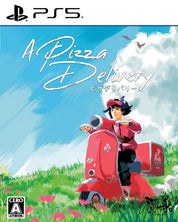 PS5 game cover art for 'A Pizza Delivery' featuring a stylized illustration of a person riding a red scooter through a grassy field under a blue sky with clouds.
