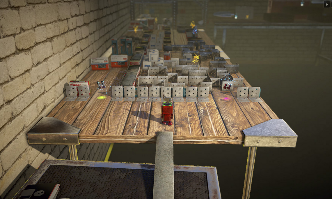 Game interface with building blocks on a wooden platform against a brick wall.