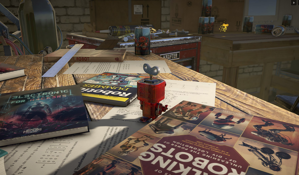 Tabletop gaming session with 'Robots' book and accessories on a wooden table.