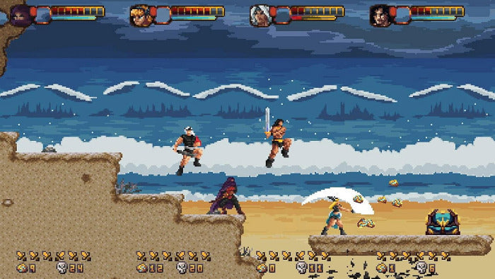 Pixel art video game scene showing a beach environment with blue ocean waves, sandy shore, multiple characters, and a fantasy-style user interface with health bars and action icons.