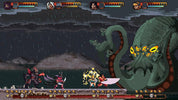 Pixel art-style game scene with characters facing a large creature in a dark, rainy setting.