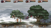 Pixel art-style game scene with characters and trees in a forest setting