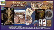 Abachor Ultimate PS5 game extra edition bundle display showing the physical disc, PS5 case, vinyl record, sticker sheet, enamel pin, patches, temporary tattoos, and coasters on a dark purple background with product details text below.
