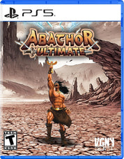 Front cover of the PS5 game Abathor Ultimate, featuring a muscular warrior holding a sword in a rocky desert landscape. The PS5 logo is visible at the top, with a Teen Rating at the bottom left and VGNS OUTLET branding at the bottom right.