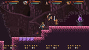 Pixel art scene from a retro platformer game showing a warrior character jumping in a dark purple cave with pink platforms, health bars at the top, and inventory icons along the bottom.