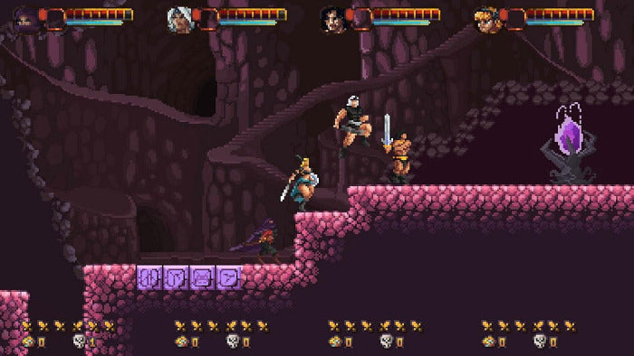 Pixel art scene from a retro platformer game showing a warrior character jumping in a dark purple cave with pink platforms, health bars at the top, and inventory icons along the bottom.