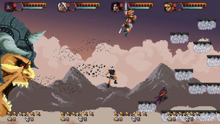 Pixel art video game scene showing a side-scrolling fantasy battle with characters, floating platforms, clouds, and a dramatic purple sky.