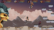 Pixel art video game scene showing a side-scrolling fantasy battle with characters, floating platforms, clouds, and a dramatic purple sky.