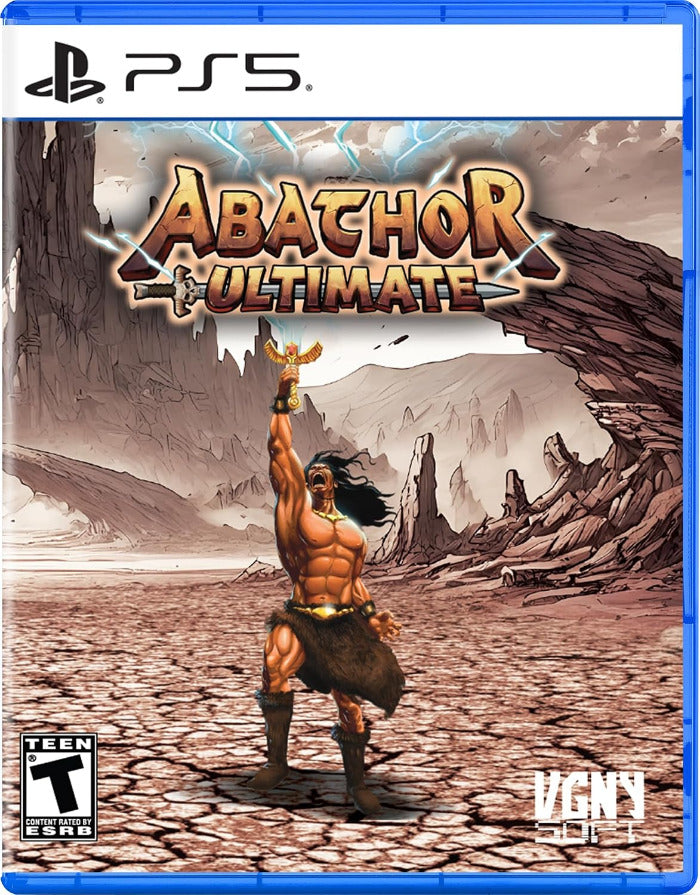 Front cover of the PS5 game Abathor Ultimate, featuring a muscular warrior holding a sword in a rocky desert landscape. The PS5 logo is visible at the top, with a Teen Rating at the bottom left and VGNS OUTLET branding at the bottom right.