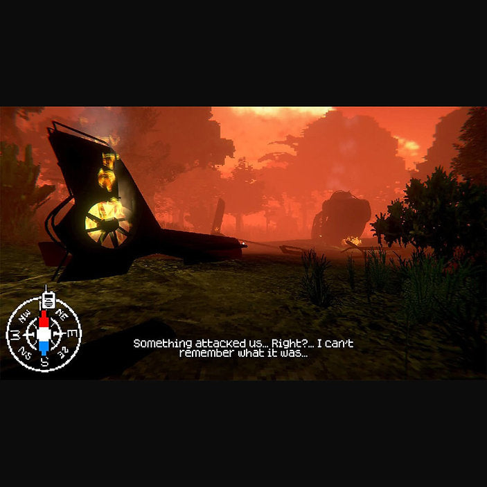 A screenshot from a video game showing a dark vehicle wreckage in a fiery orange-red outdoor scene, with a compass overlay in the lower left and the text 'Something attacked us.