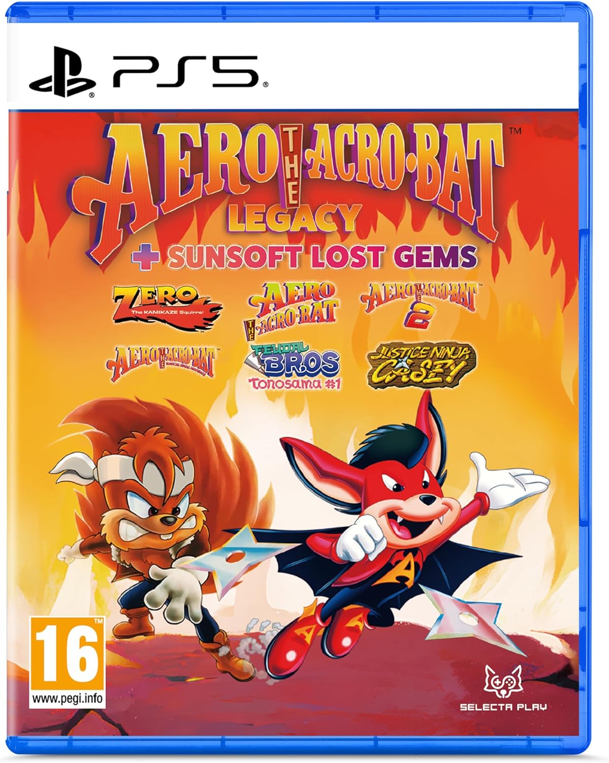 PlayStation 5 game case for 'Aero the Acro-Bat: The Legacy + Sunsoft Lost Gems' with characters and logos.