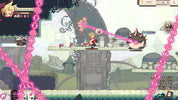 A screenshot from a 2D pixel-art video game showing a small character standing on a stone platform, facing a large spiky creature, with pink glowing chain-like effects and UI elements around the edges.