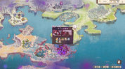 A screenshot of a fantasy world map game interface with islands, water, and a central character selection popup in Japanese text.