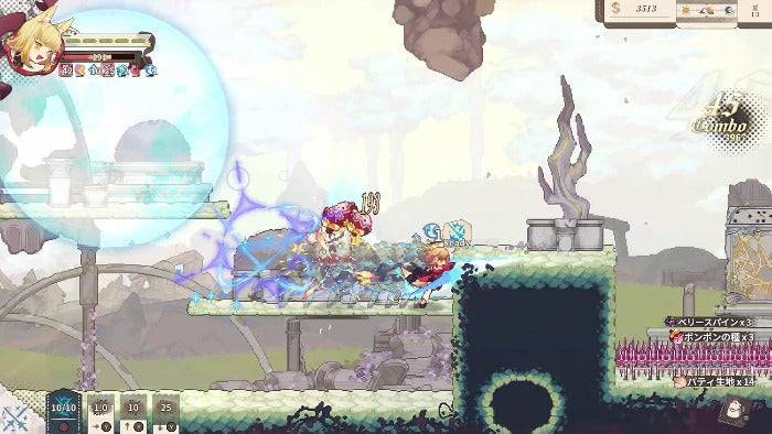 A 2D pixel-art action scene from a game, showing a character with a large blue energy bubble attacking enemies on a floating platform in a surreal landscape with rocks and structures.